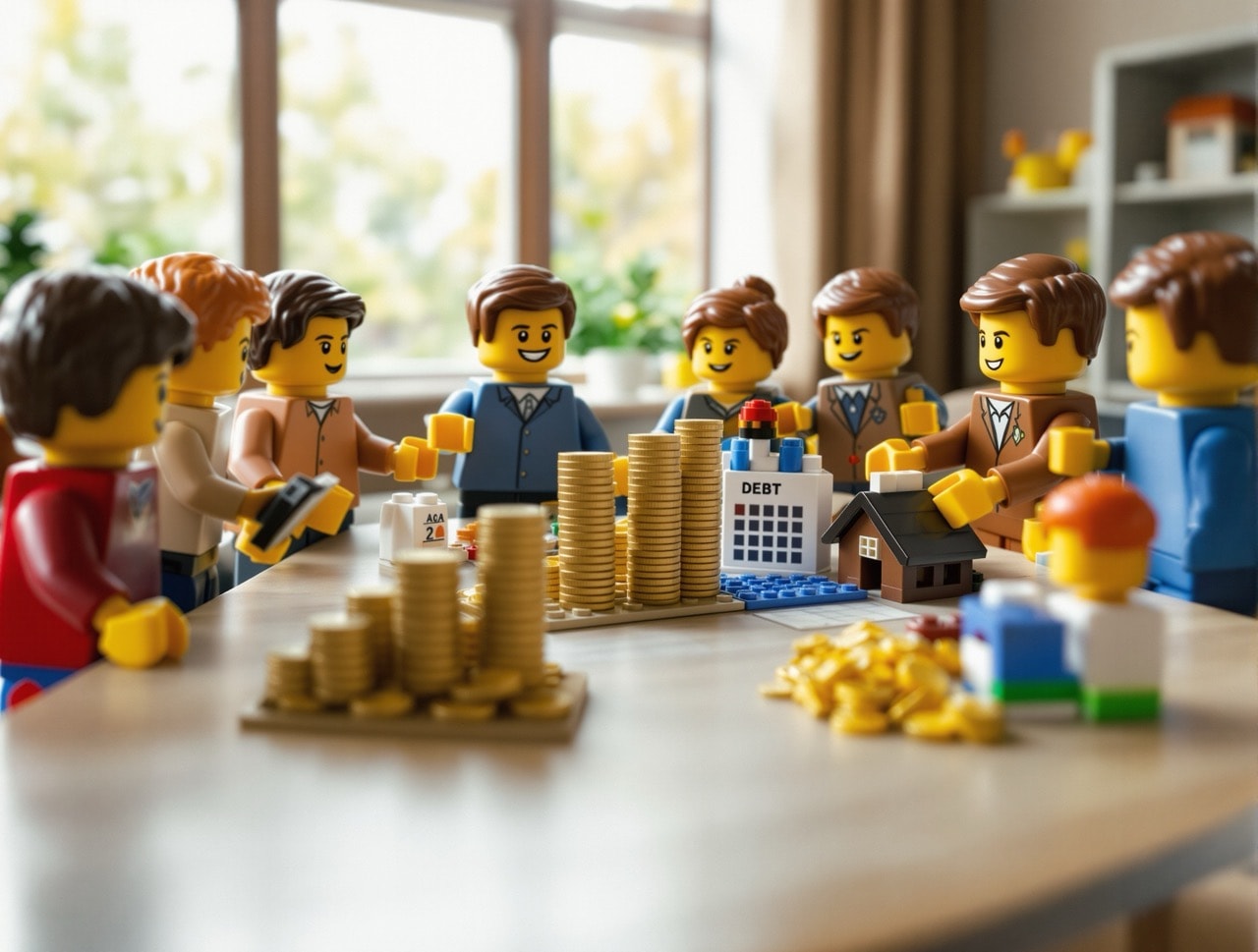 People discussing financial planning around a table with financial models